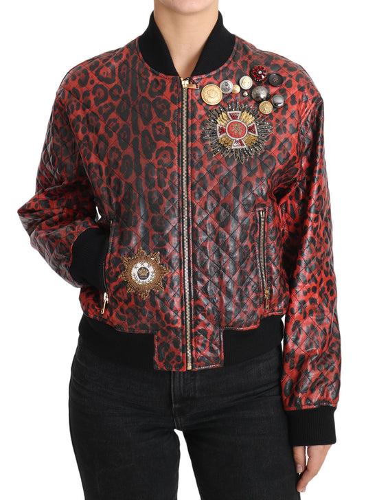 Dolce &amp; Gabbana Röd Leopard Bomber-läderjacka med kristallknappar