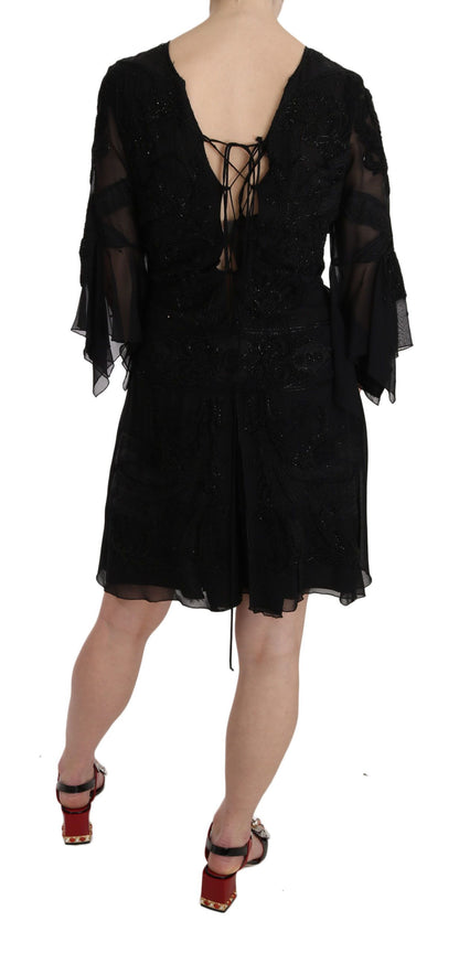 John Richmond Elegant Black Sequined Silk Mini Dress