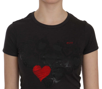 Blusa de cuello redondo con estampado de corazones negros de Exte