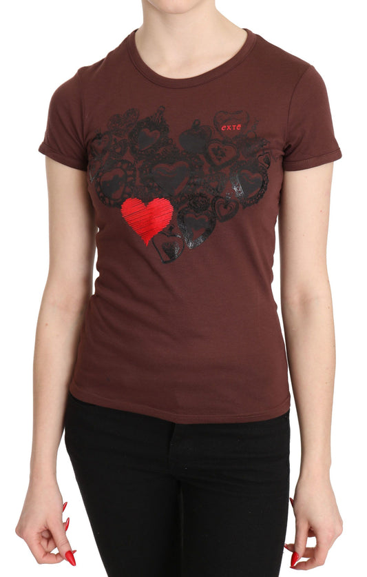 Exte Chic Brown Hearts Printed Kortärmad Topp