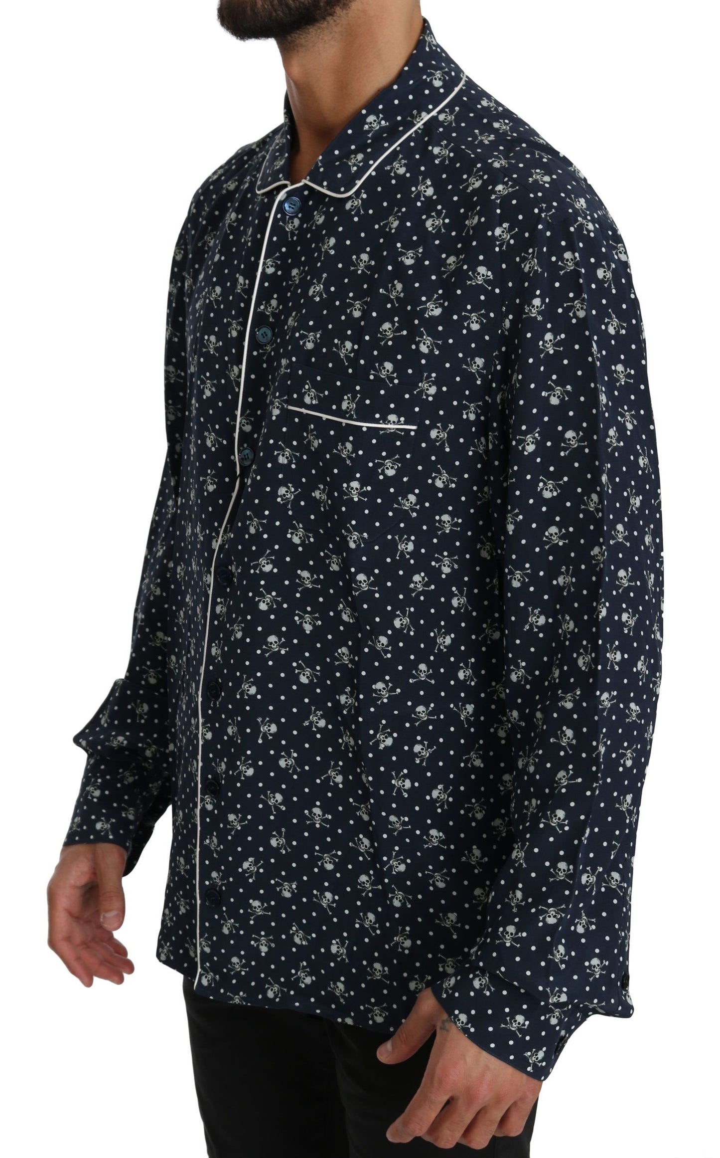 Dolce &amp; Gabbana Silken Elegance: Blue Skull Print Lounge Shirt