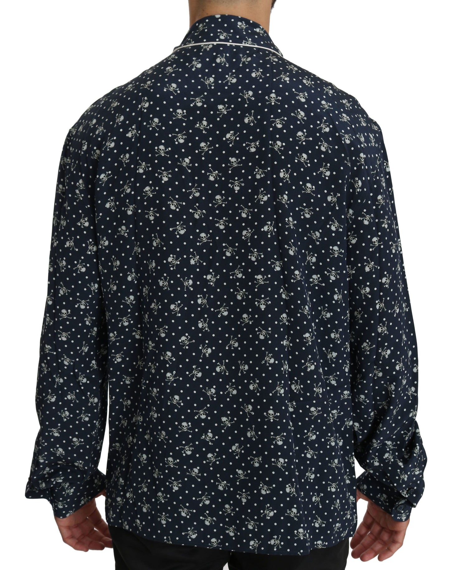 Dolce &amp; Gabbana Silken Elegance: Blue Skull Print Lounge Shirt