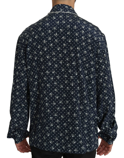 Dolce &amp; Gabbana Silken Elegance: Blue Skull Print Lounge Shirt