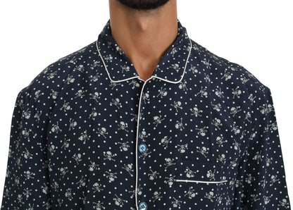 Dolce &amp; Gabbana Silken Elegance: Blue Skull Print Lounge Shirt