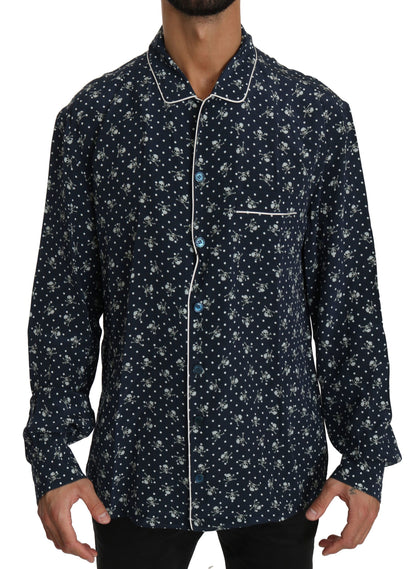 Dolce &amp; Gabbana Silken Elegance: Blue Skull Print Lounge Shirt