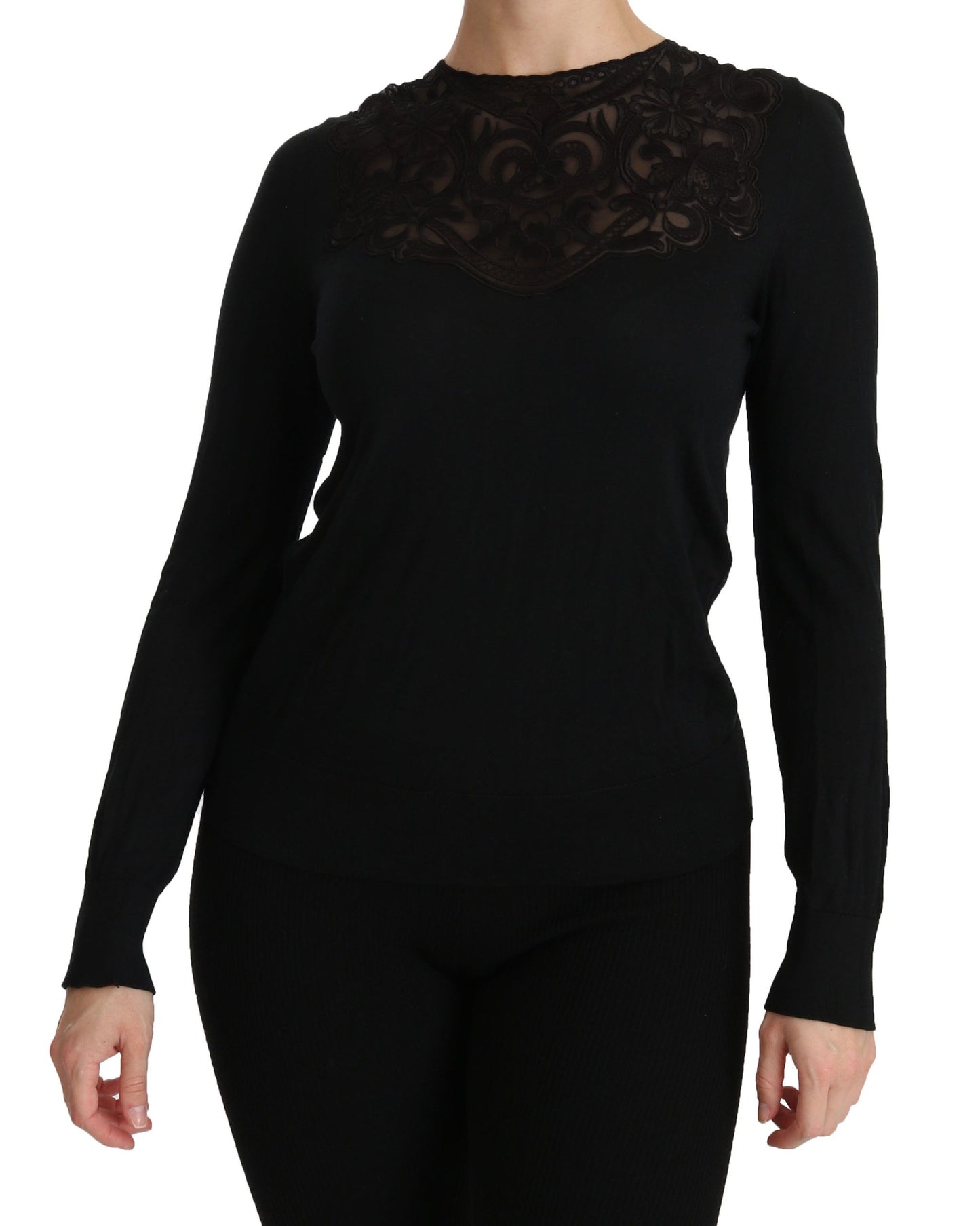 Dolce &amp; Gabbana Elegant Silk-Blend Black Lace Blus