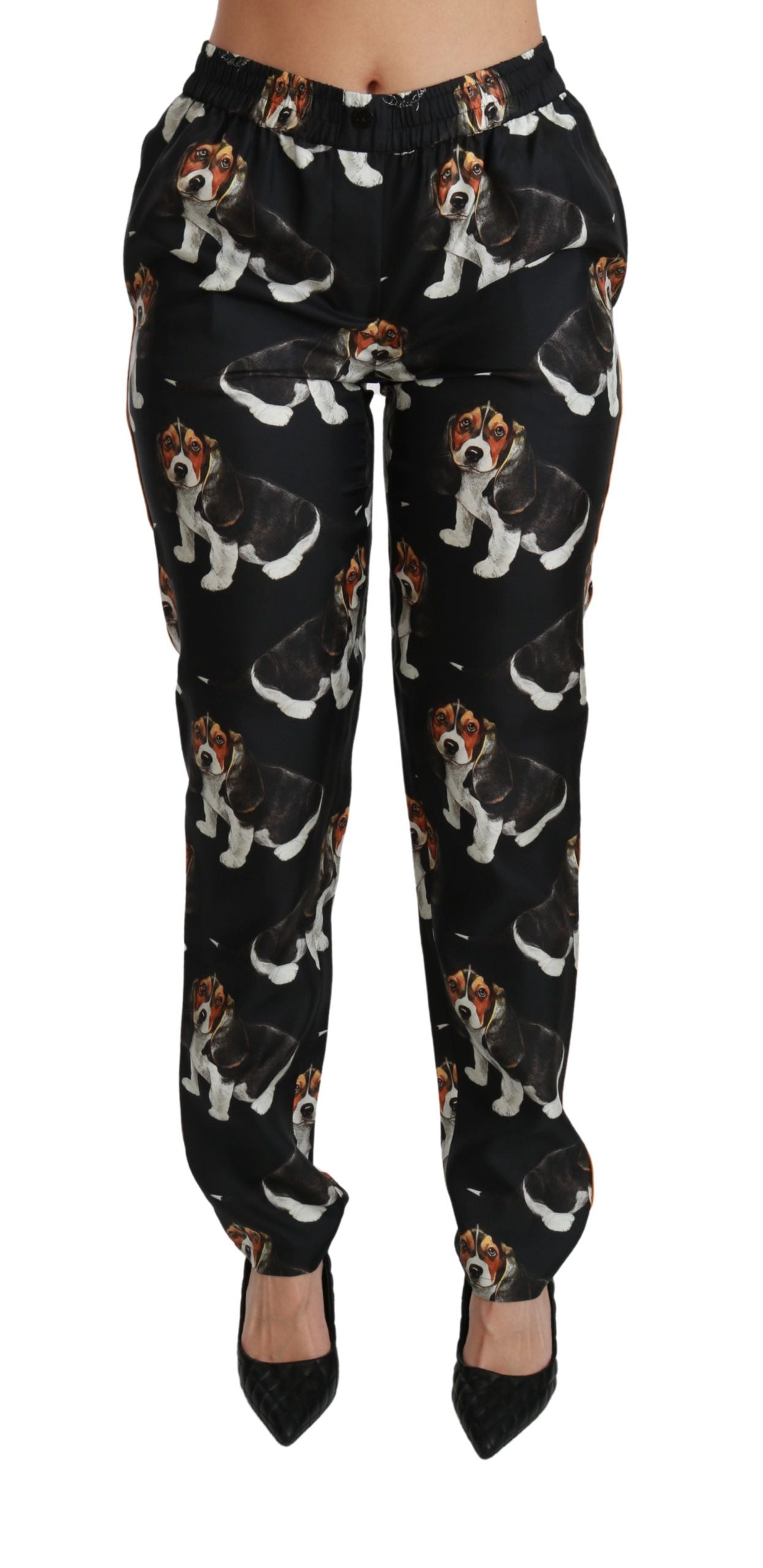 Dolce &amp; Gabbana Elegant Silk Puppy Dog Print Pants