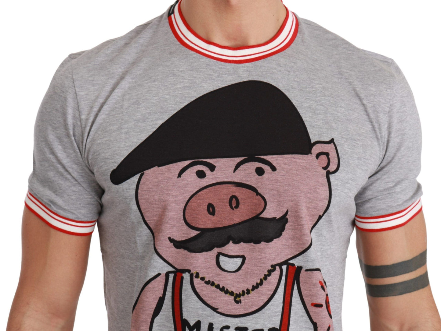 Camiseta elegante de algodón gris con motivo del Año del Cerdo de Dolce &amp; Gabbana