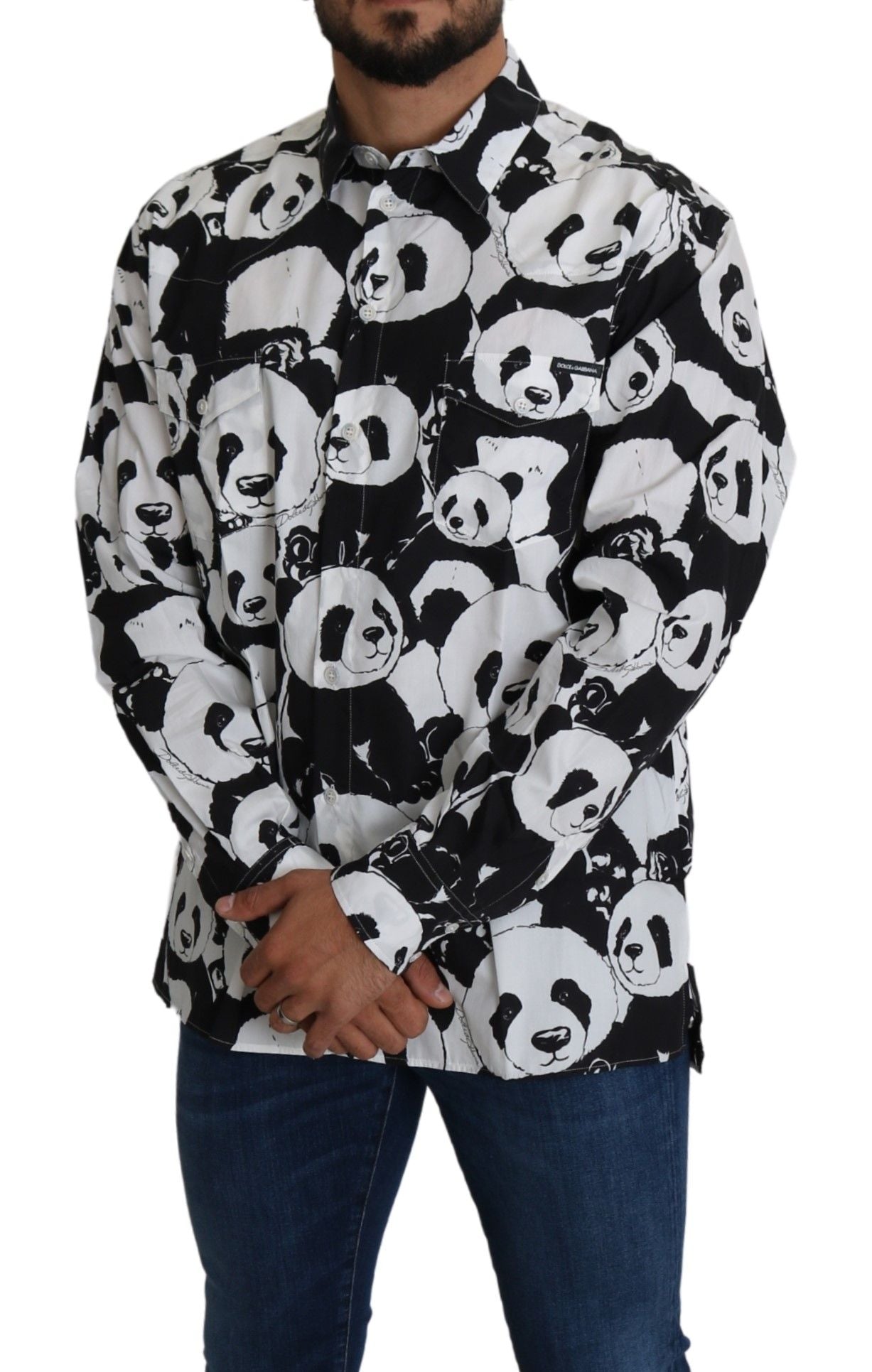 Camisa de algodón puro con estampado de panda de Dolce &amp; Gabbana - Blanco y negro