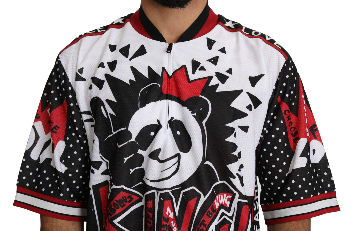 Camiseta con cuello con cremallera y estampado de pandas King en color blanco chic de Dolce &amp; Gabbana