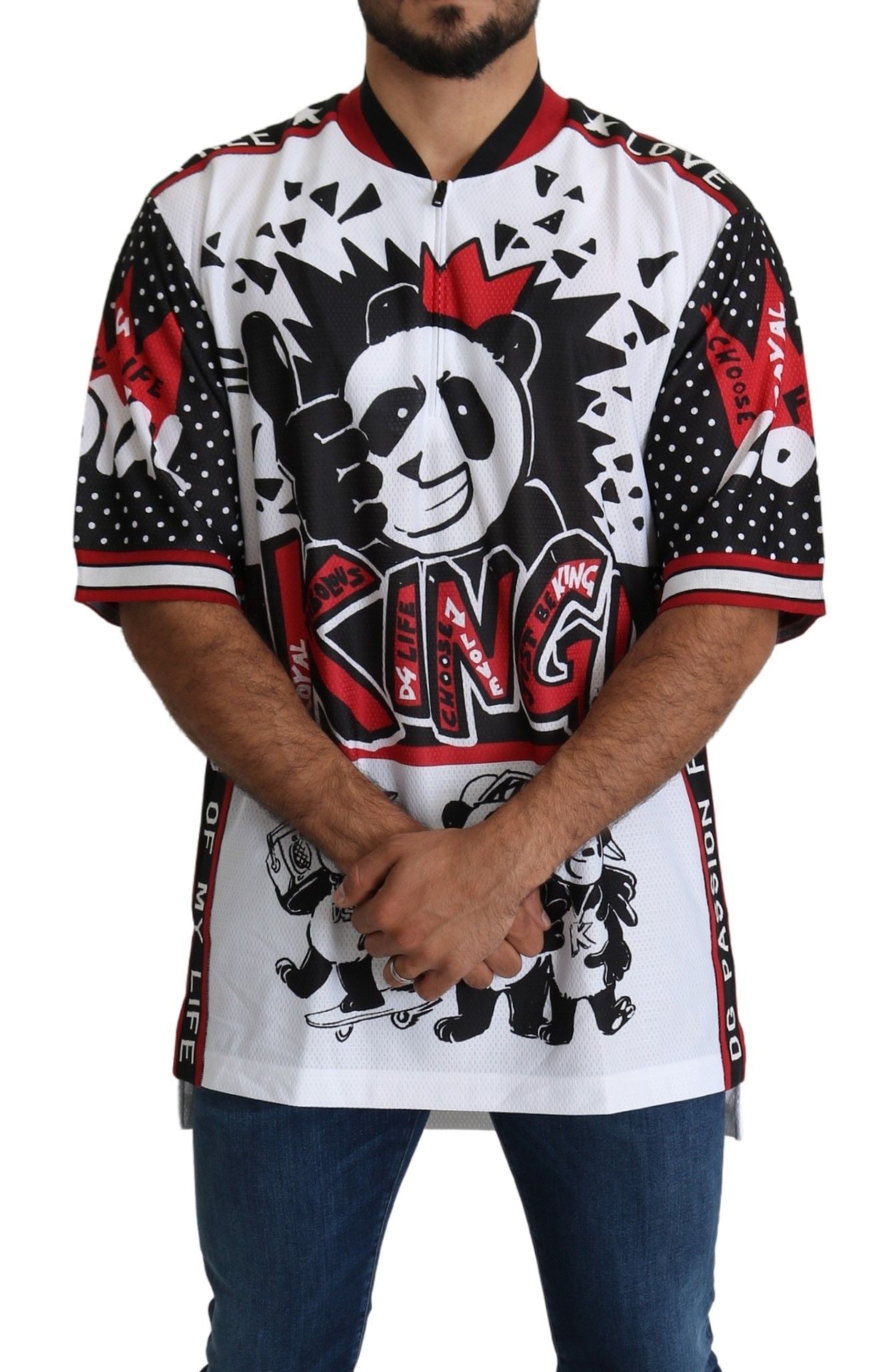 Camiseta con cuello con cremallera y estampado de pandas King en color blanco chic de Dolce &amp; Gabbana