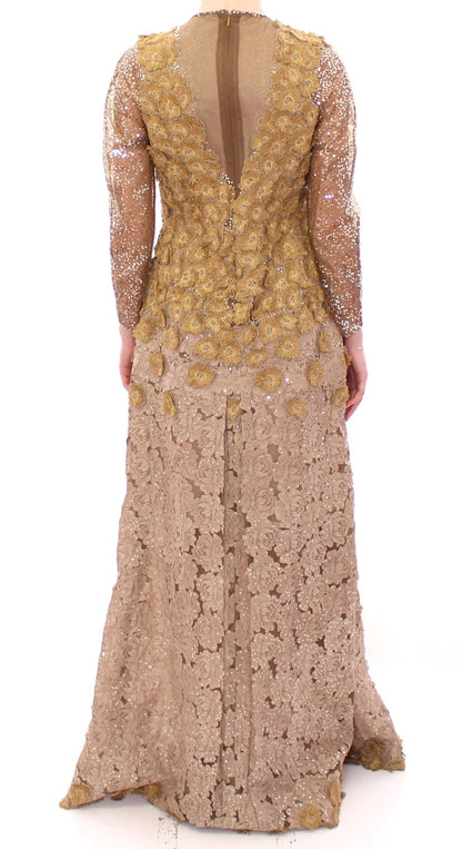 Lanre Da Silva Ajayi Exquisite Gold Lace Maxi Dress with Crystals