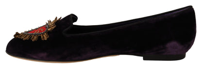 Dolce &amp; Gabbana Chic Purple Velvet Loafers med hjärtdetalj