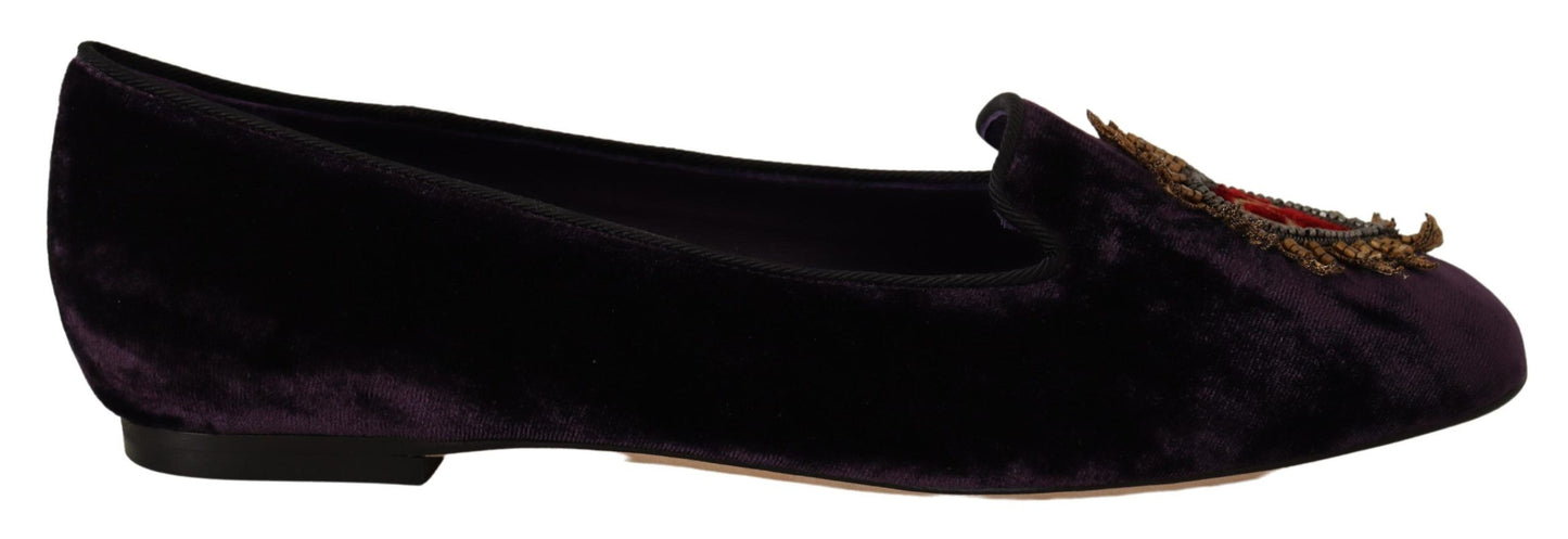 Dolce &amp; Gabbana Chic Purple Velvet Loafers med hjärtdetalj