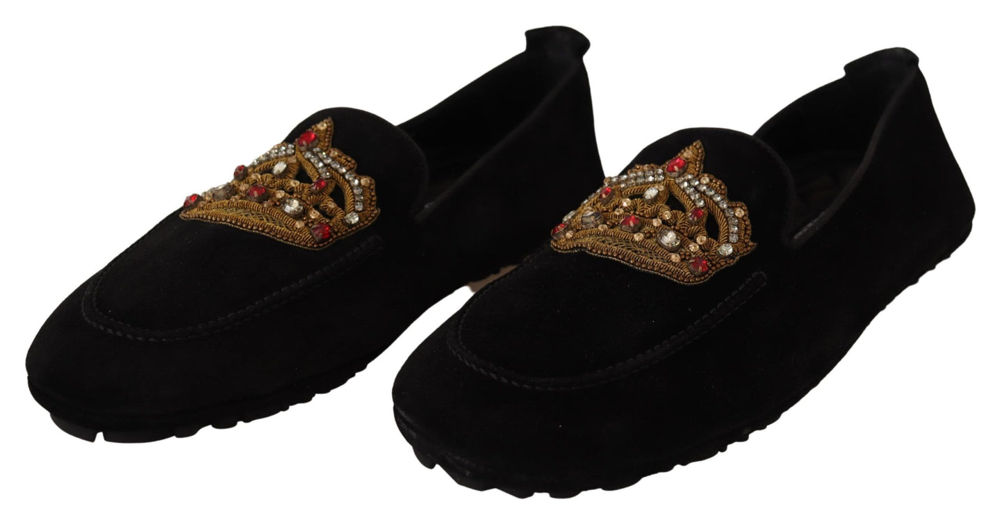 Dolce &amp; Gabbana Elegant svart läder Loafer-slides med guldbroderi