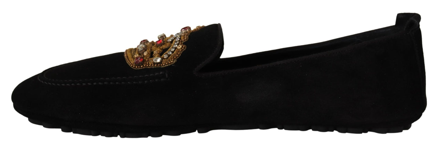 Dolce &amp; Gabbana Elegant svart läder Loafer-slides med guldbroderi