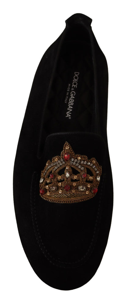 Dolce &amp; Gabbana Elegant svart läder Loafer-slides med guldbroderi