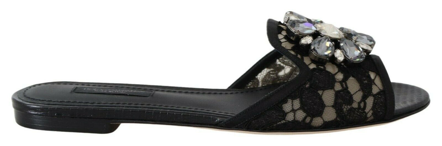 Dolce &amp; Gabbana Elegant Black Lace Mules med Jewel Flower Detail