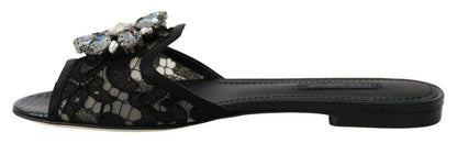 Dolce &amp; Gabbana Elegant Black Lace Mules med Jewel Flower Detail