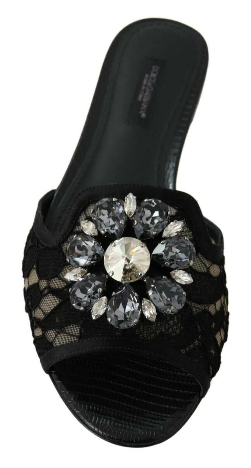 Dolce &amp; Gabbana Elegant Black Lace Mules med Jewel Flower Detail