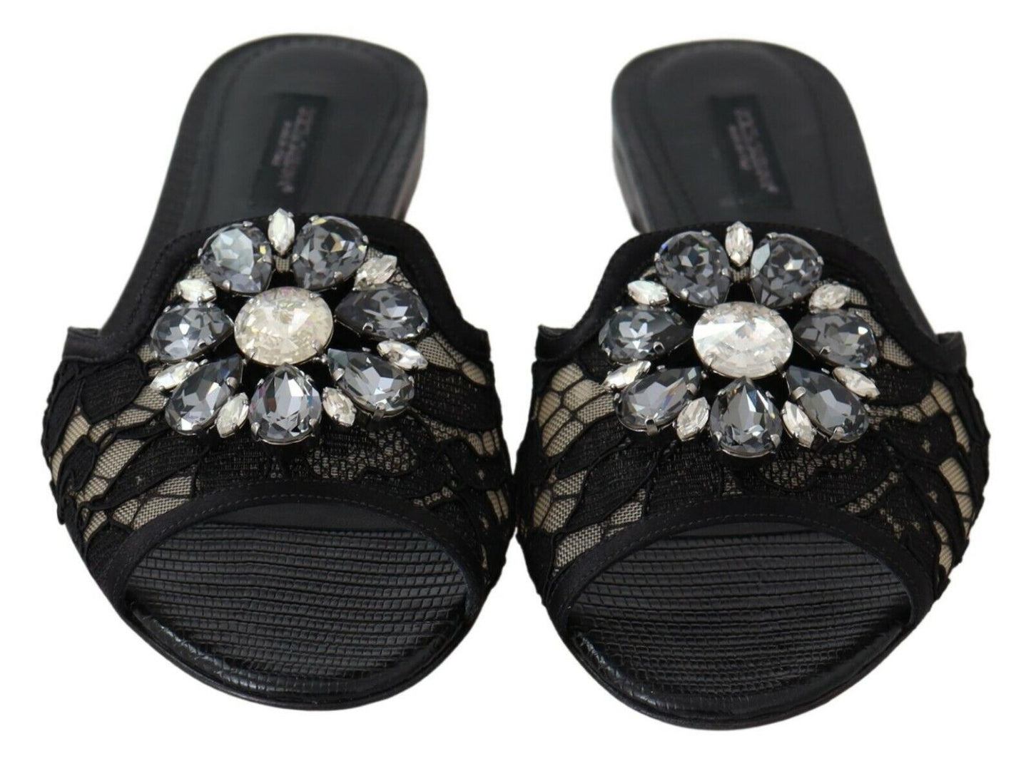 Dolce &amp; Gabbana Elegant Black Lace Mules med Jewel Flower Detail