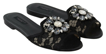 Dolce &amp; Gabbana Elegant Black Lace Mules med Jewel Flower Detail