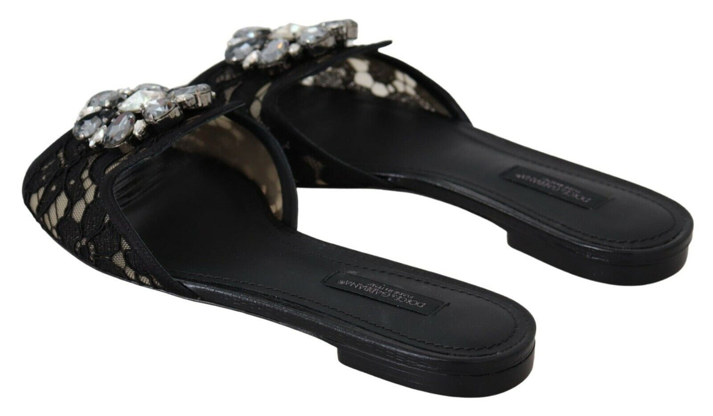 Dolce &amp; Gabbana Elegant Black Lace Mules med Jewel Flower Detail