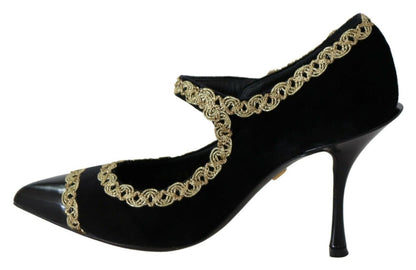 Elegantes zapatos de tacón de terciopelo negro con bordados dorados de Dolce &amp; Gabbana