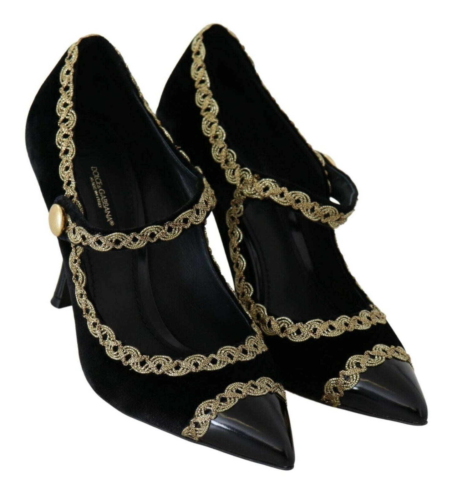 Elegantes zapatos de tacón de terciopelo negro con bordados dorados de Dolce &amp; Gabbana