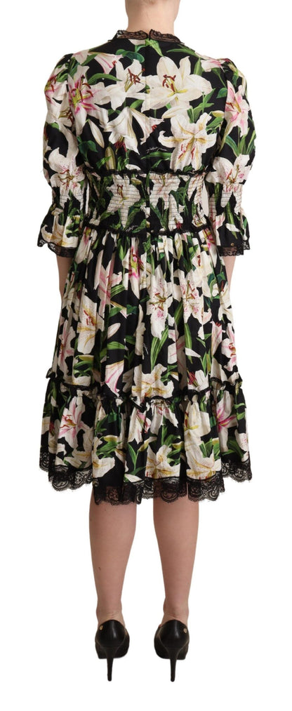 Dolce & Gabbana Elegant Lily Print Midi Dress with Lace Trim