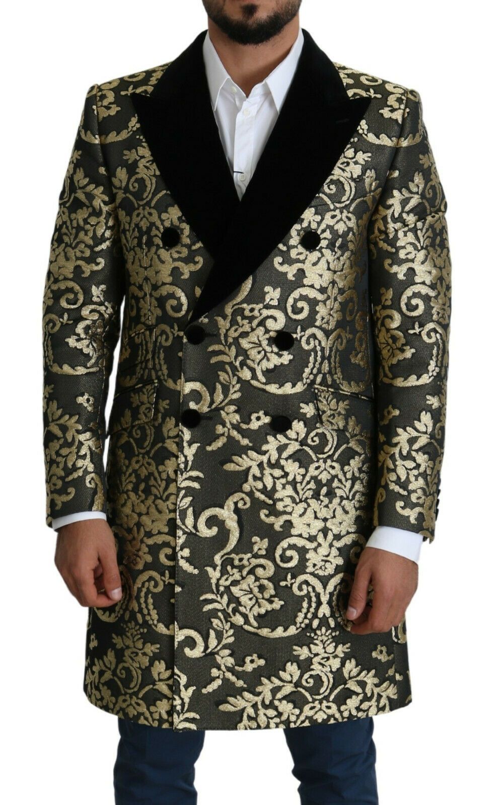 Dolce &amp; Gabbana Gold Black Sicilia Jacquard dubbelknäppt kappa