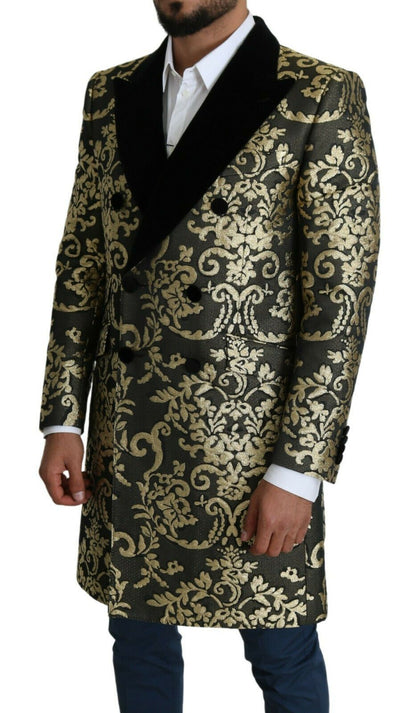 Dolce &amp; Gabbana Gold Black Sicilia Jacquard dubbelknäppt kappa