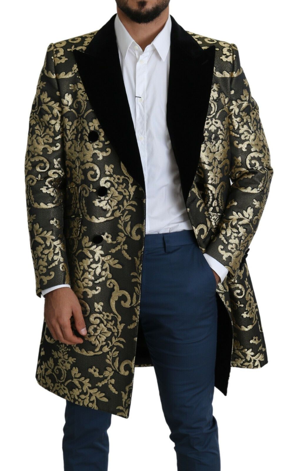 Dolce &amp; Gabbana Gold Black Sicilia Jacquard dubbelknäppt kappa