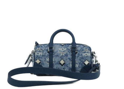 MCM Boston Mini Blue Vintage Jacquard Logo Tyg Satchel Crossbody Handväska