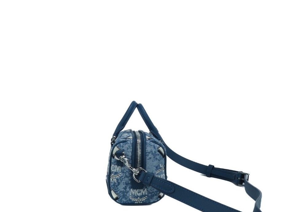 MCM Boston Mini Blue Vintage Jacquard Logo Tyg Satchel Crossbody Handväska