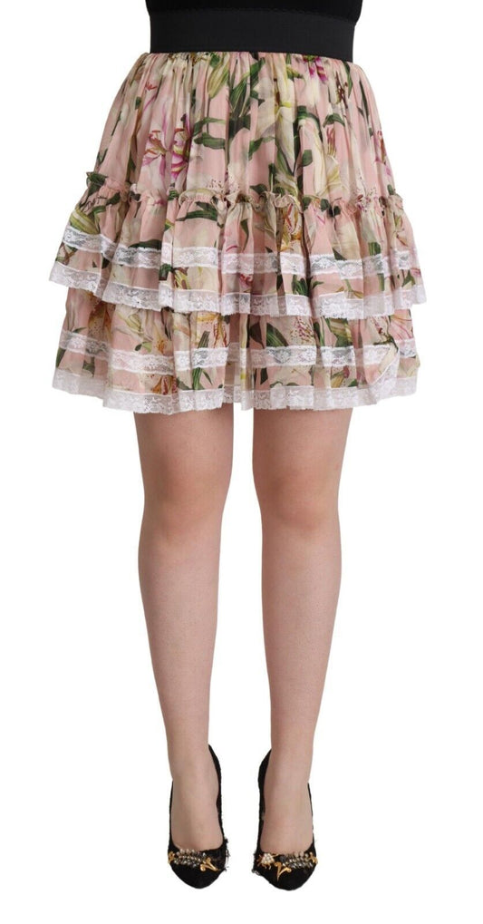 Dolce &amp; Gabbana Elegant Lily Print Tiered A-Line mini kjol