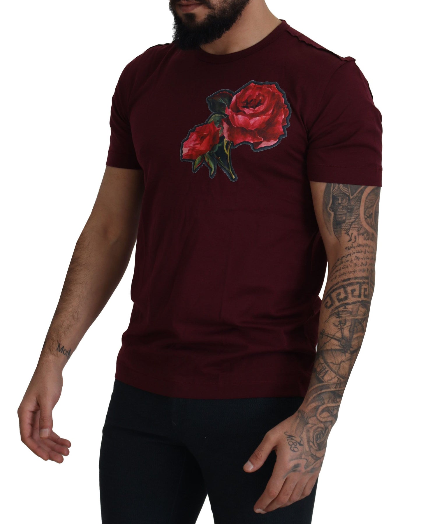 Dolce &amp; Gabbana Elegant Bordeaux Roses Motiv Crewneck T-shirt