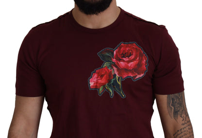 Dolce &amp; Gabbana Elegant Bordeaux Roses Motiv Crewneck T-shirt