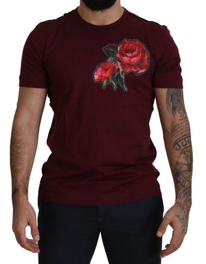 Dolce &amp; Gabbana Elegant Bordeaux Roses Motiv Crewneck T-shirt