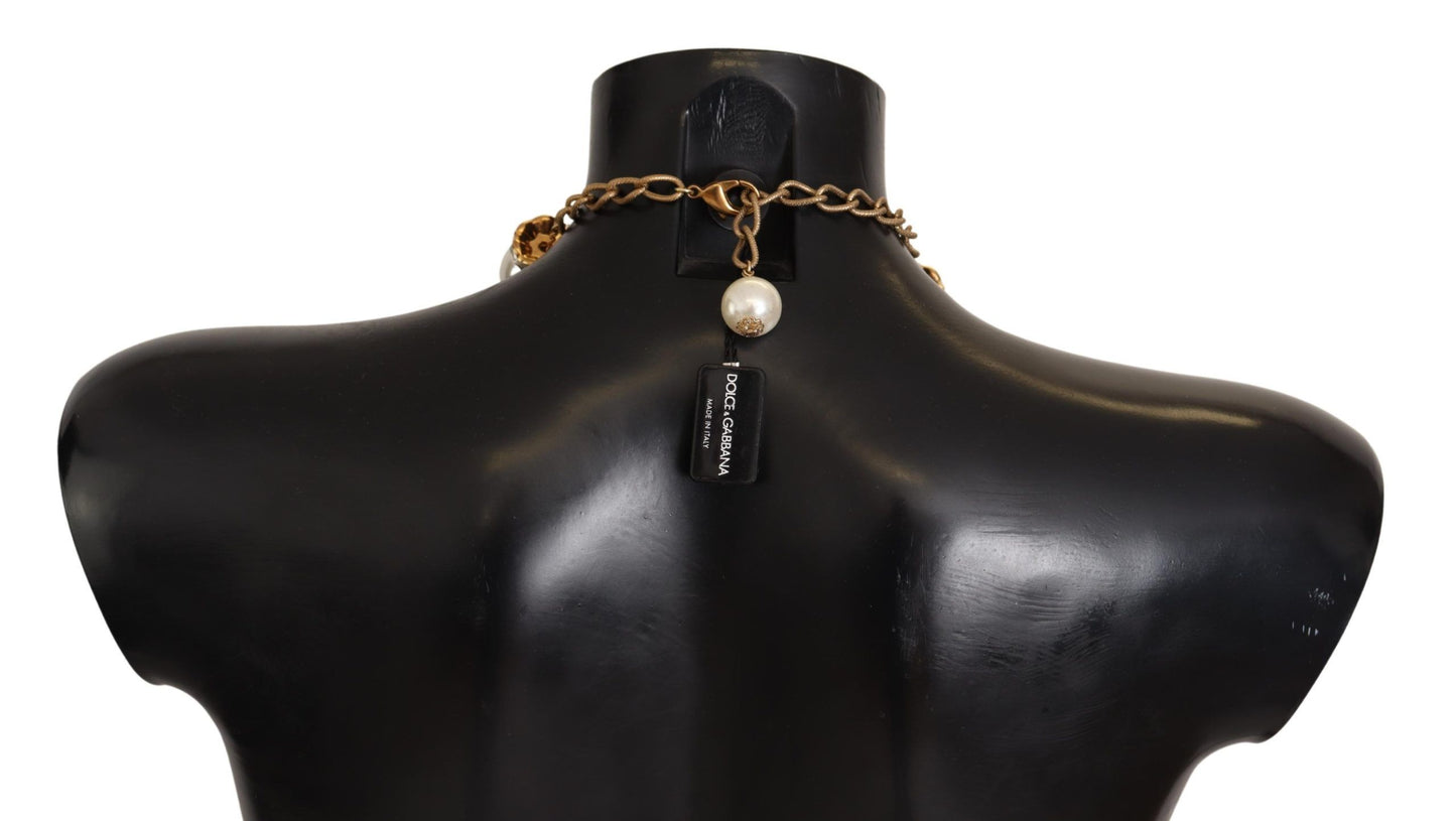 Dolce &amp; Gabbana Elegant Faux Pearl Charm Halsband med Crystal Accenter