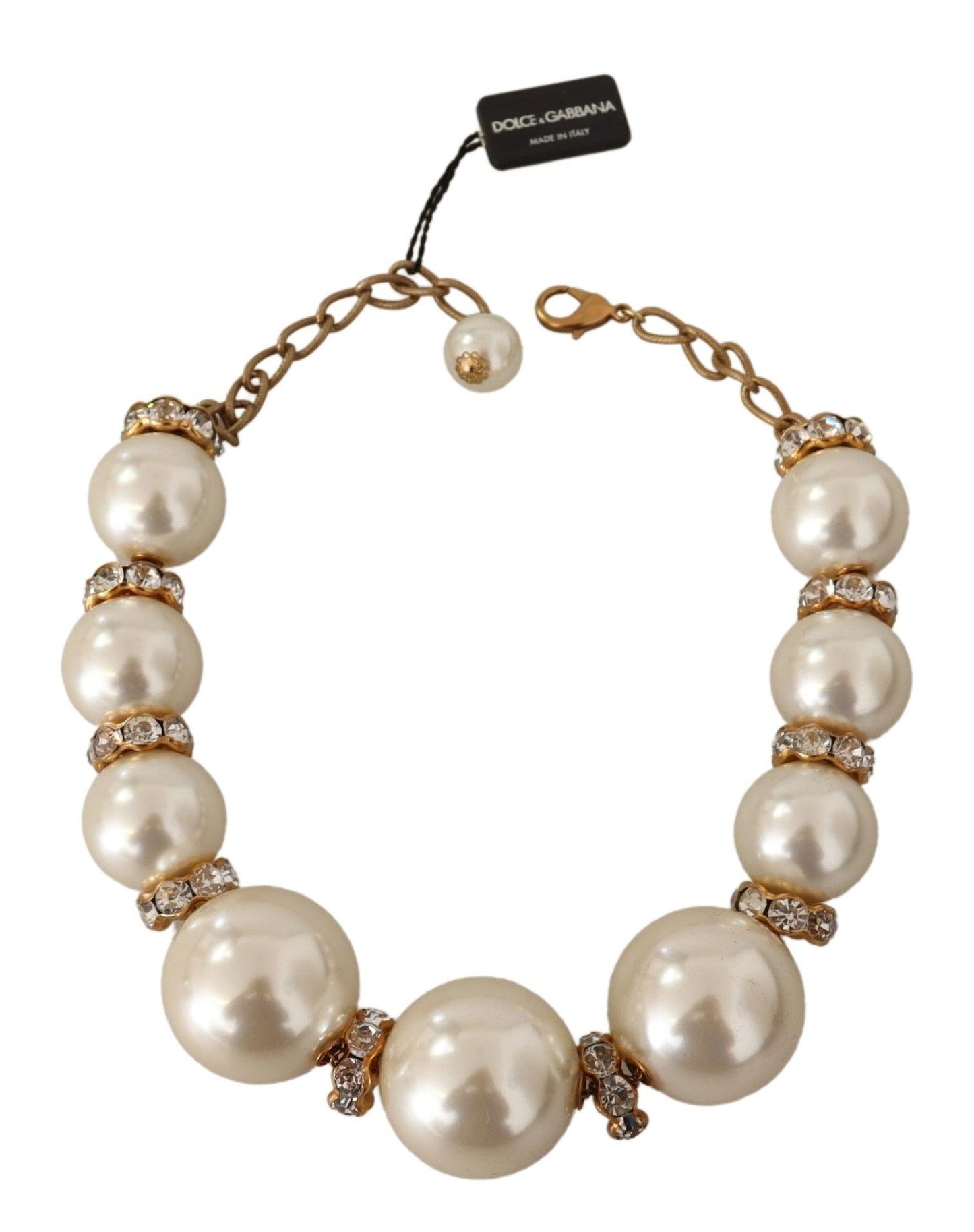 Dolce &amp; Gabbana Elegant Faux Pearl Charm Halsband med Crystal Accenter