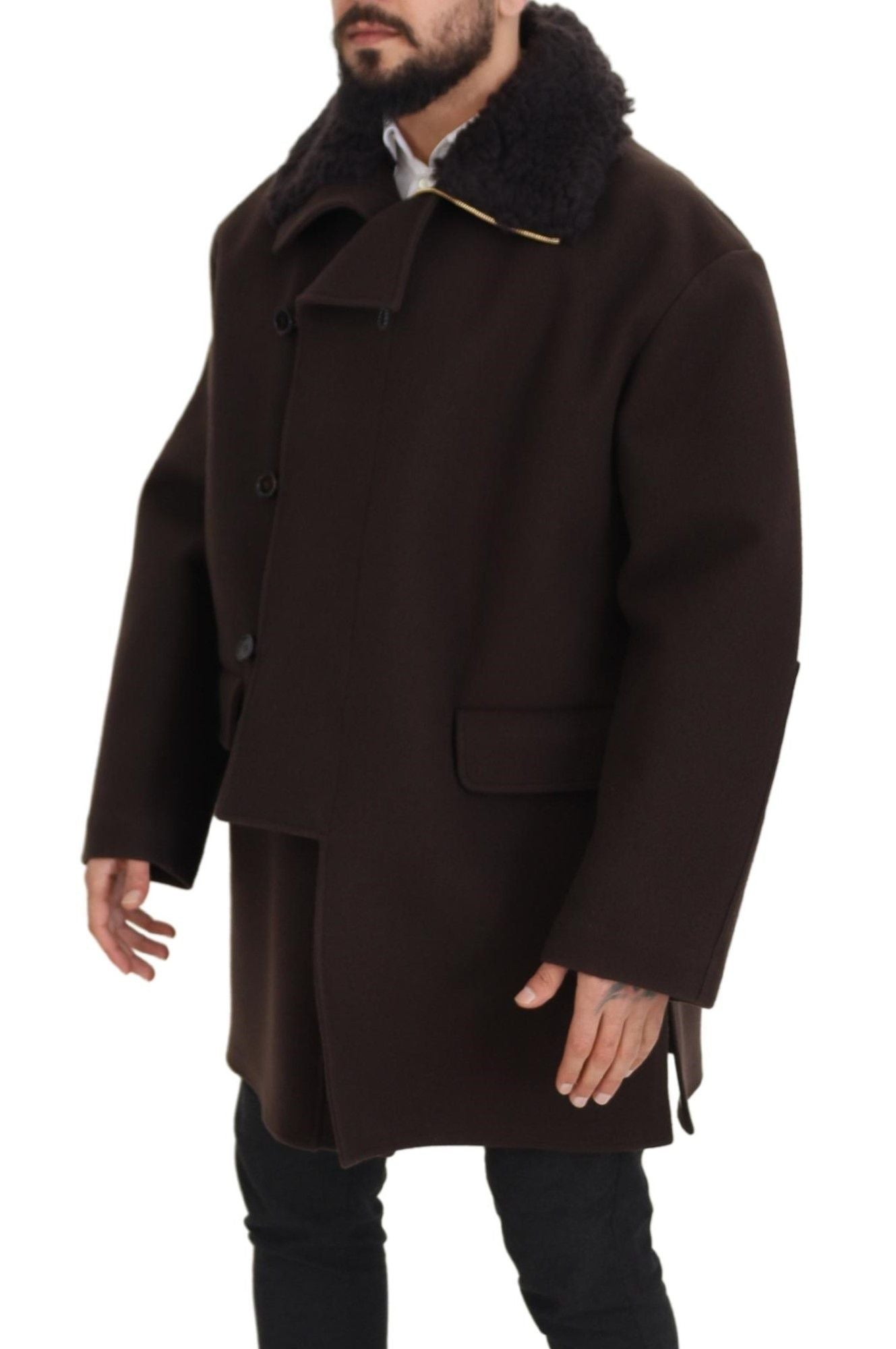 Dolce &amp; Gabbana Elegant mörkbrun Shearling Coat Jacka