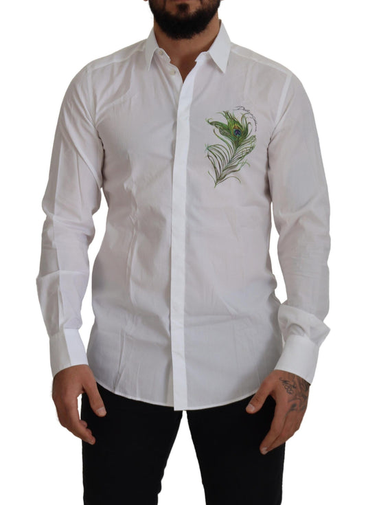 Dolce &amp; Gabbana Elegant White Peacock Feather Dress Shirt