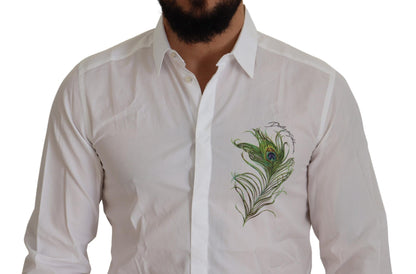 Dolce &amp; Gabbana Elegant White Peacock Feather Dress Shirt