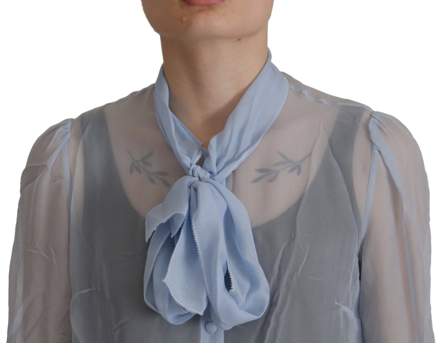 Dolce &amp; Gabbana Elegant Silk Ascot Collar Blus i Ljusblått