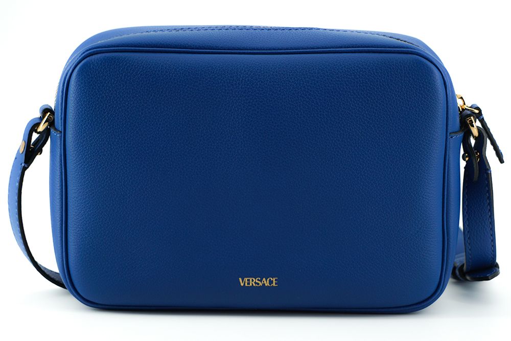 Elegante bolso tipo funda para cámara de piel de becerro azul de Versace