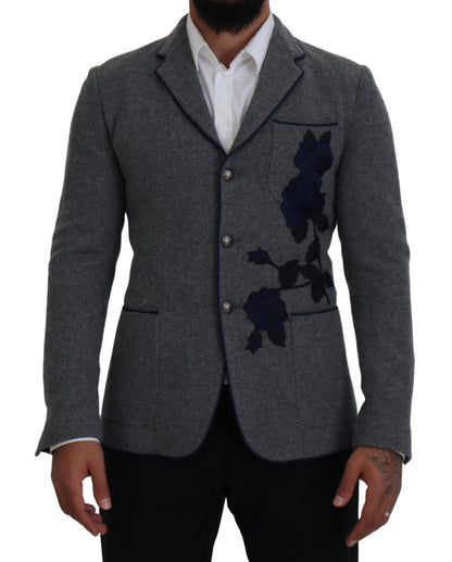 Blazer elegante de lana gris con bordado de rosas azules de Dolce &amp; Gabbana