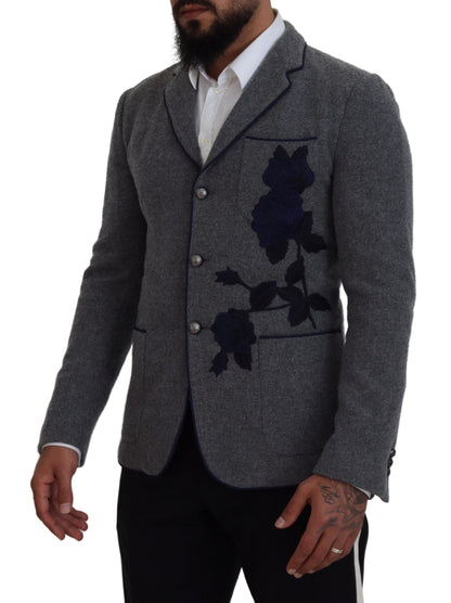 Blazer elegante de lana gris con bordado de rosas azules de Dolce &amp; Gabbana