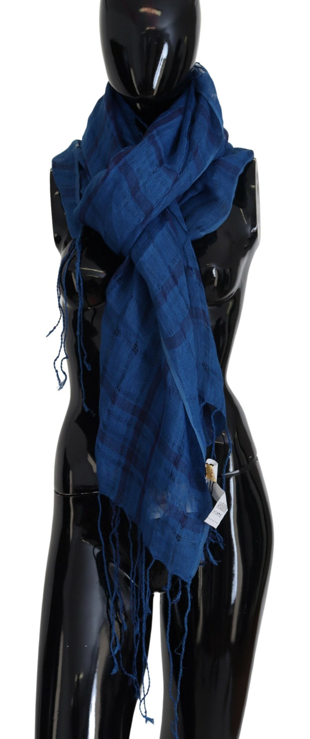 Costume National Chic Linne Fringed Scarf i Blå Rutig