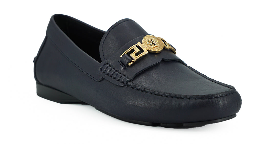 Mocasines elegantes de piel de becerro azul marino de Versace